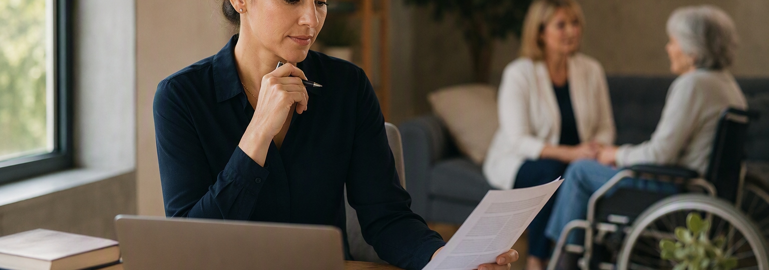 Two adults discussing career paths in a professional setting, emphasizing education in gerontology