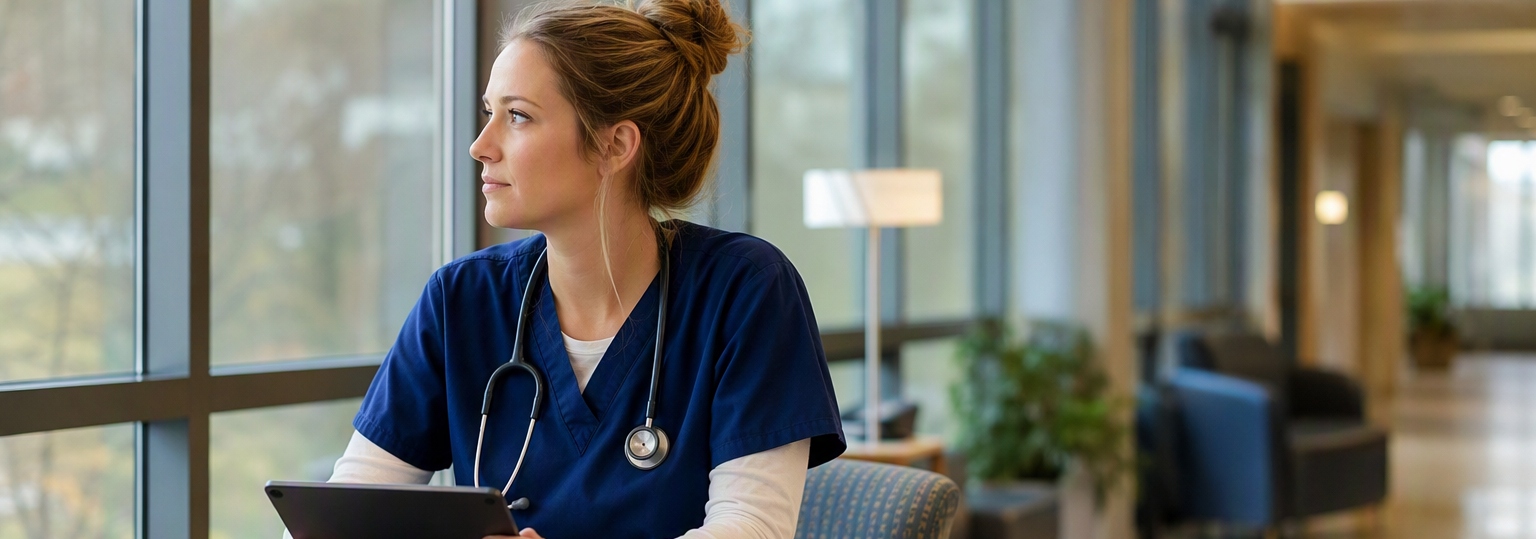 A nurse practitioner consults with a patient in a modern healthcare setting