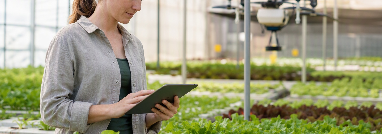 A student examines resources in an agricultural studies workspace, emphasizing online degree skills