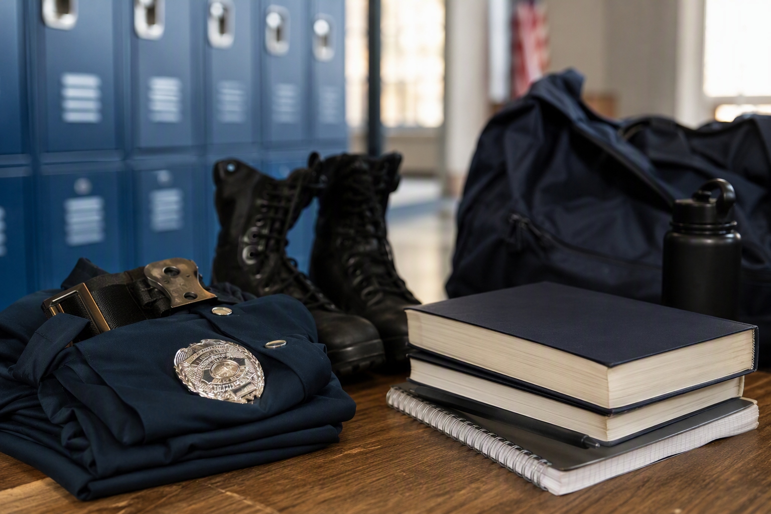 Students in a police academy training session discussing career paths in criminal justice