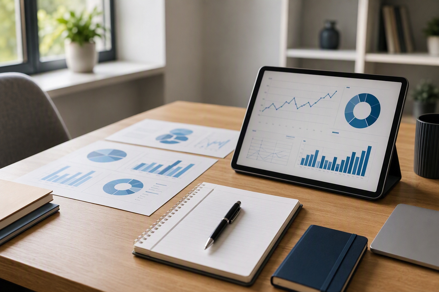 Workspace with marketing analytics tools and a computer for online bachelor's degree studies