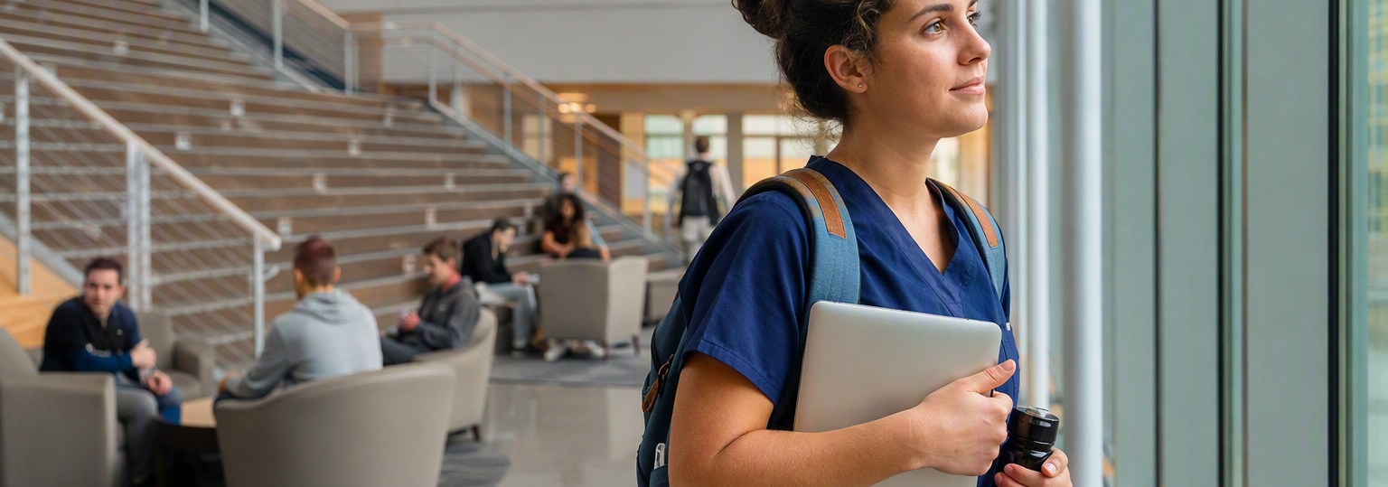 Adult student exploring transfer credit options in a modern study environment
