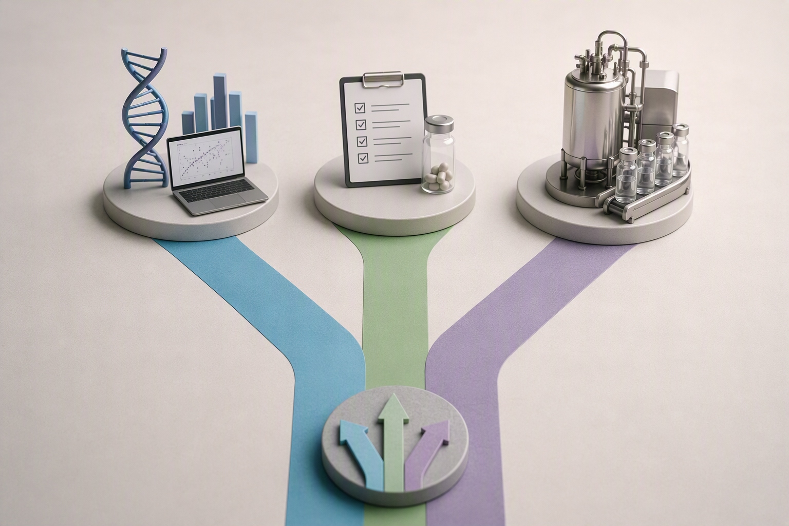 Career paths in online biotechnology master's program showing bioinformatics, regulatory affairs, and biomanufacturing options