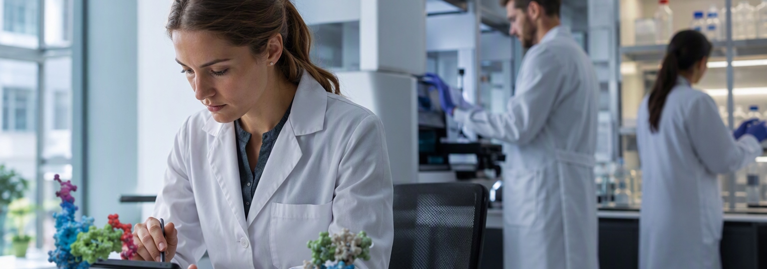 A professional in a biotechnology lab discussing career paths with a colleague in natural lighting
