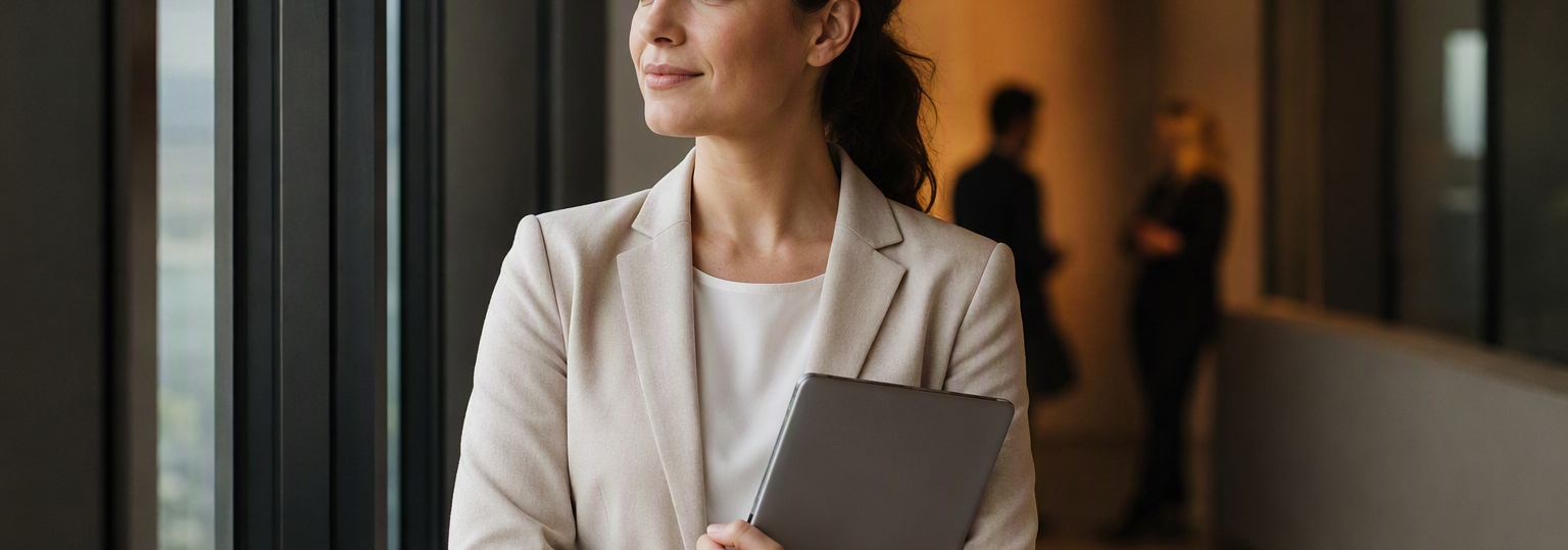 Business professionals discussing strategies for online business management degree acceptance in an office setting