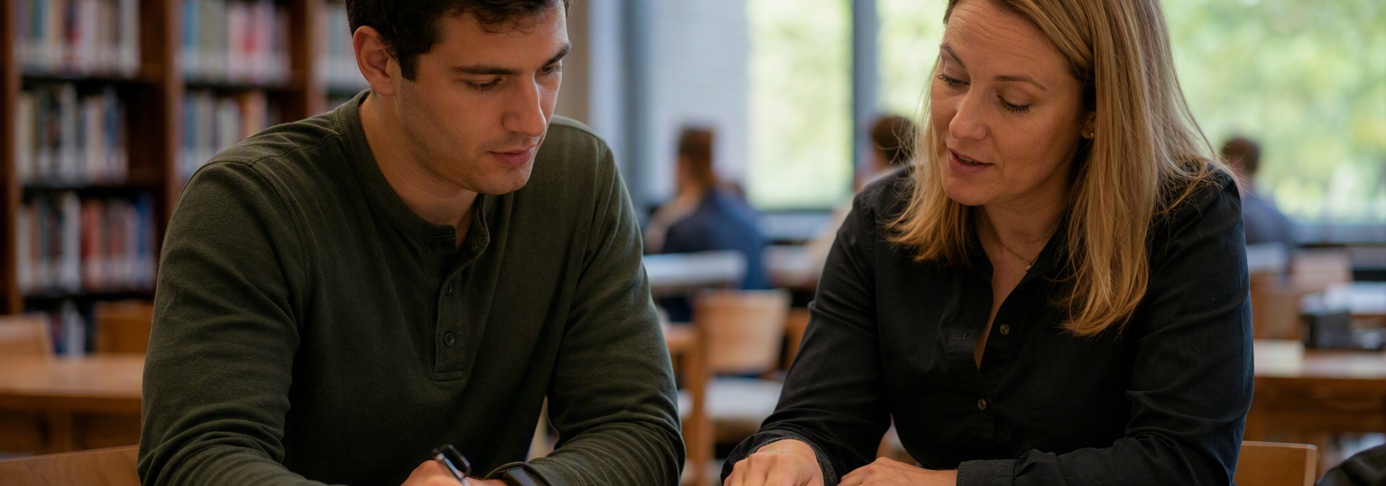 Two adults discussing education options for an online criminal justice program in a bright study setting