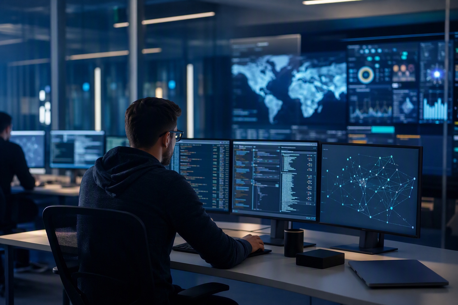 Cybersecurity analyst working at a desk with multiple monitors and data analysis tools