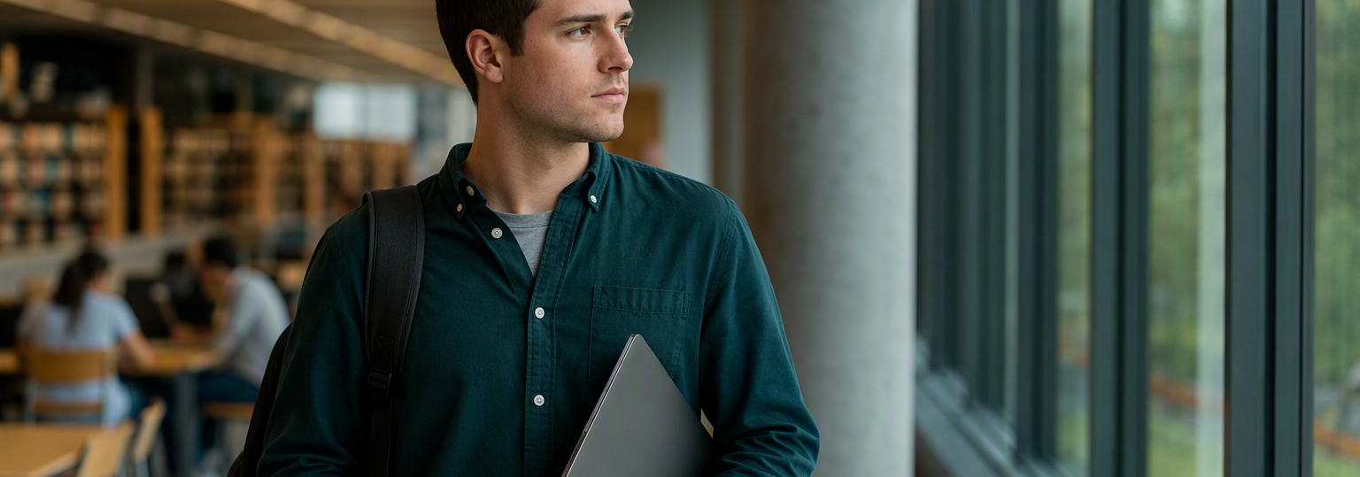 Adult student exploring career options in cybersecurity at a modern desk with natural light