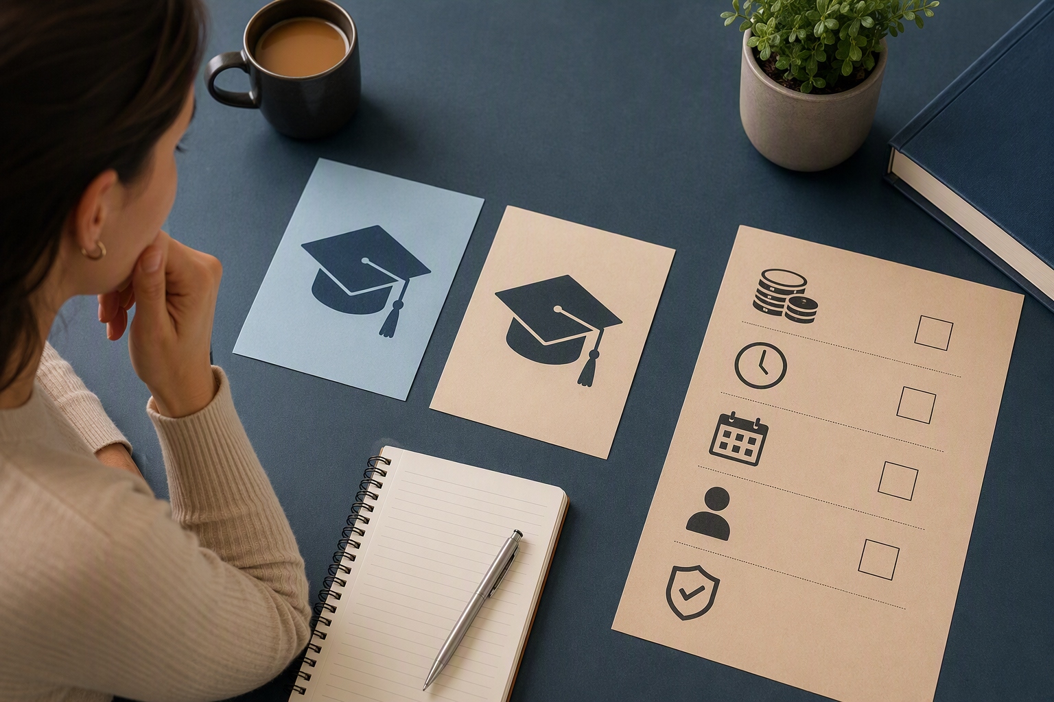 Checklist comparing costs and credits for online DHA and PhD programs in healthcare administration