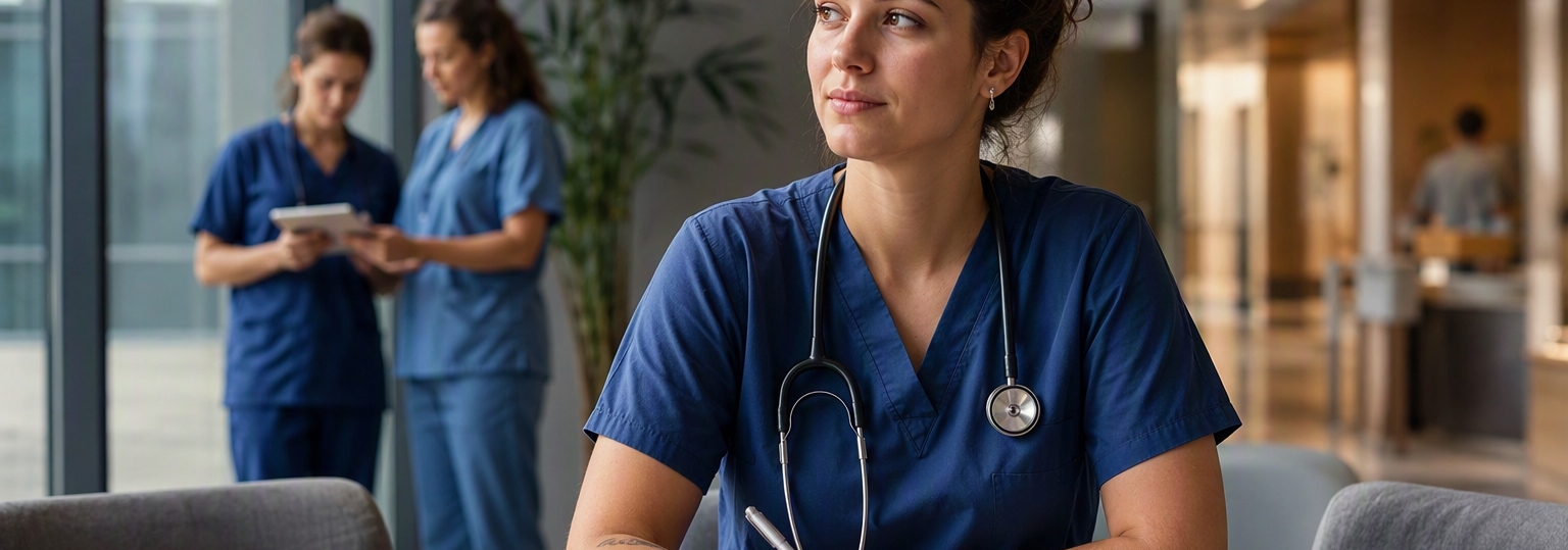 Healthcare professional studying admissions requirements for an online doctorate program in administration