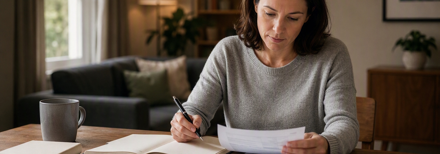 Adult student engaging in a study session surrounded by educational materials in a cozy setting