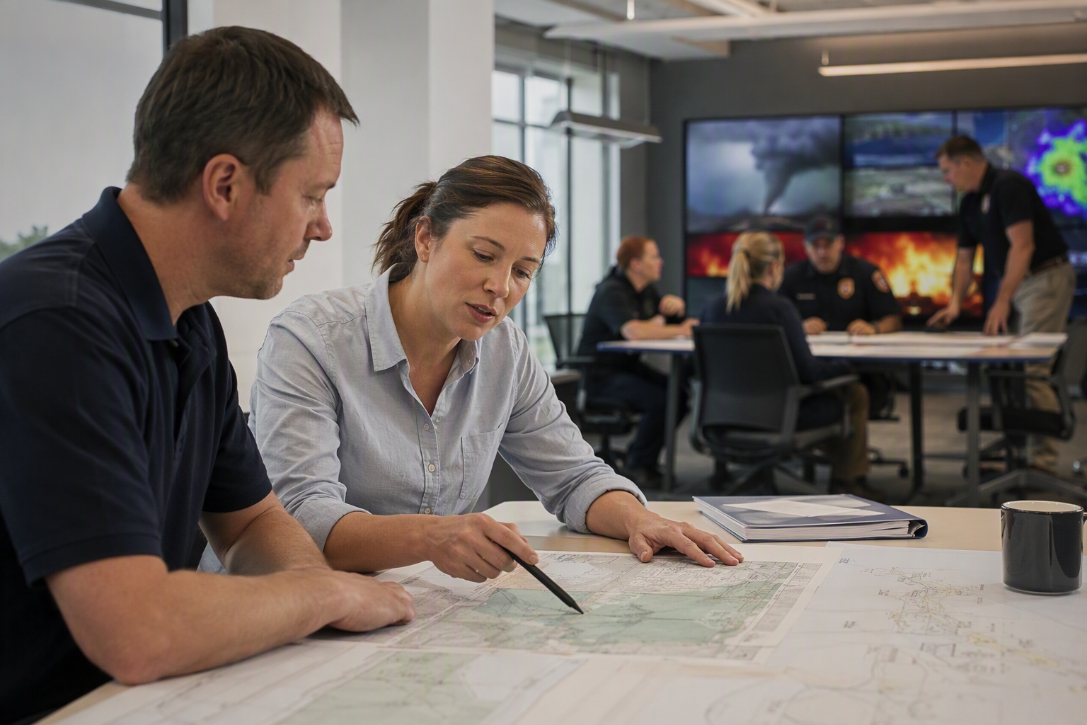Emergency operations team collaborating in a real-life fire investigation scenario