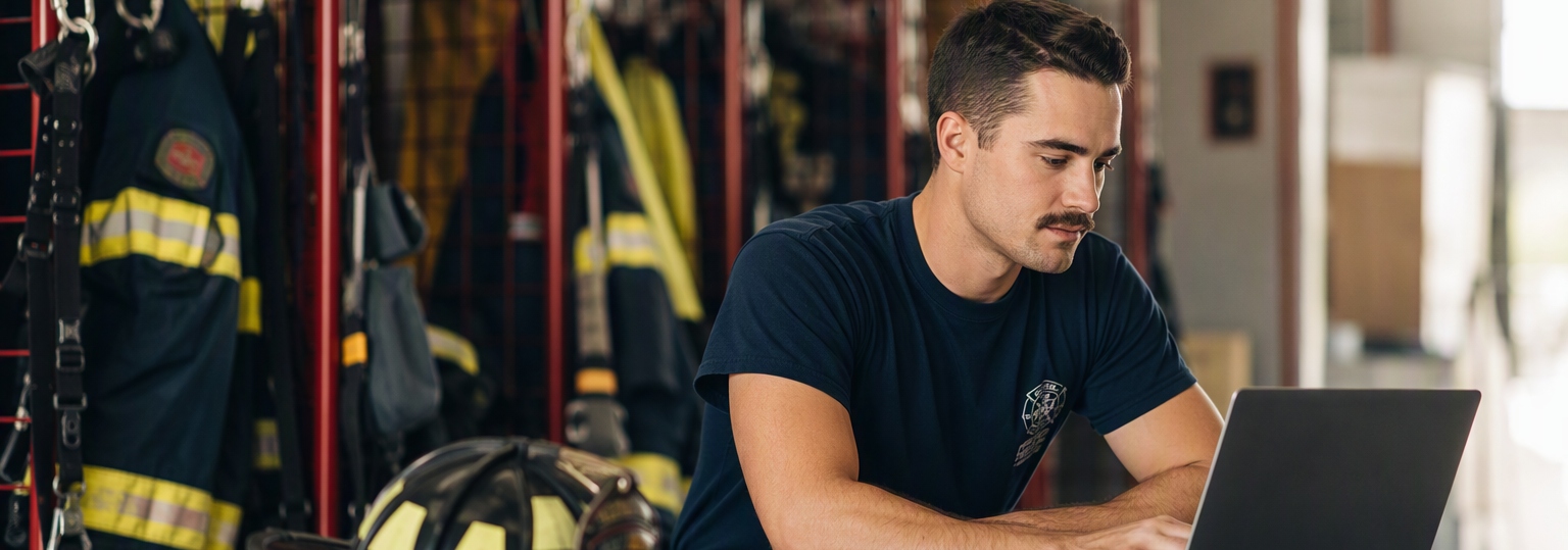 Adult student considering online fire science program in a candid study environment