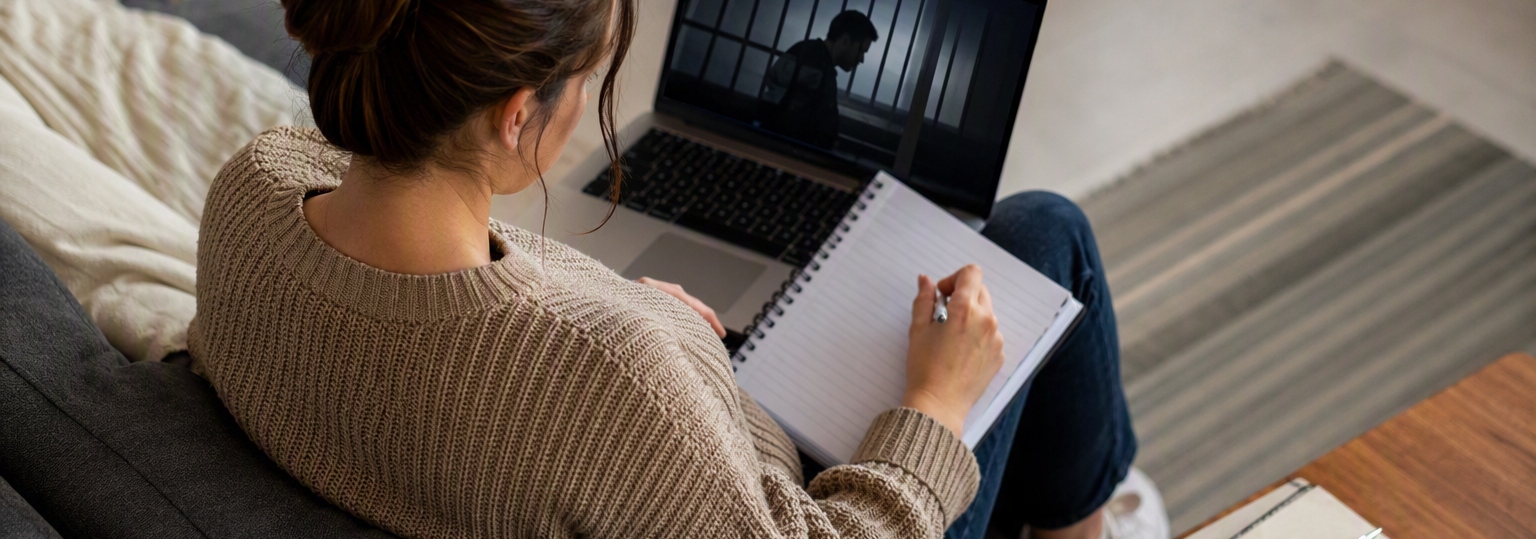 Students discussing online forensic psychology master's program details in a modern library setting