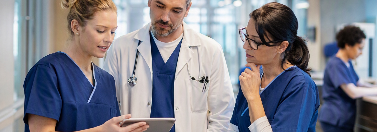 Healthcare professionals collaborating in a clinical training environment, exemplifying online healthcare master's program careers