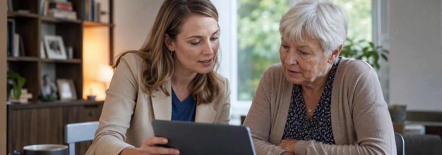 Two adults discussing online gerontology master's programs in a professional environment
