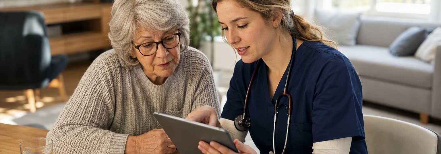 A healthcare professional discussing education options for gerontology master's programs in a bright office setting