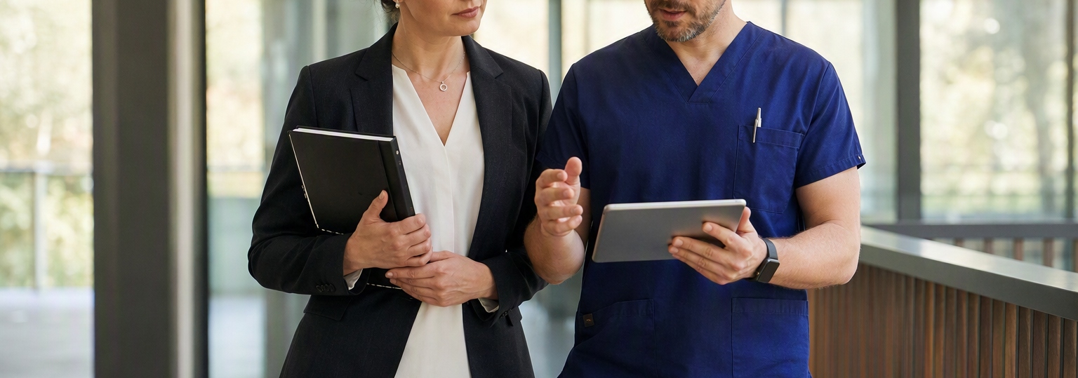 Professional adults discussing healthcare administration degree options in a collaborative office setting