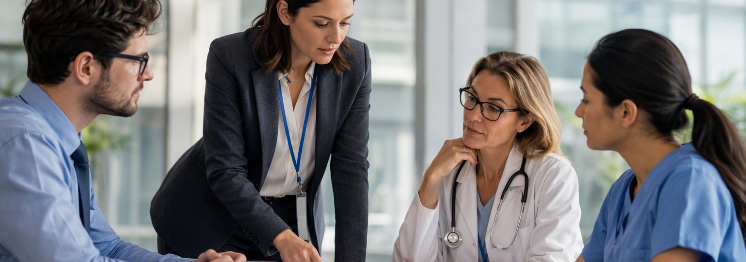 Adult students discussing healthcare administration concepts in a study group setting