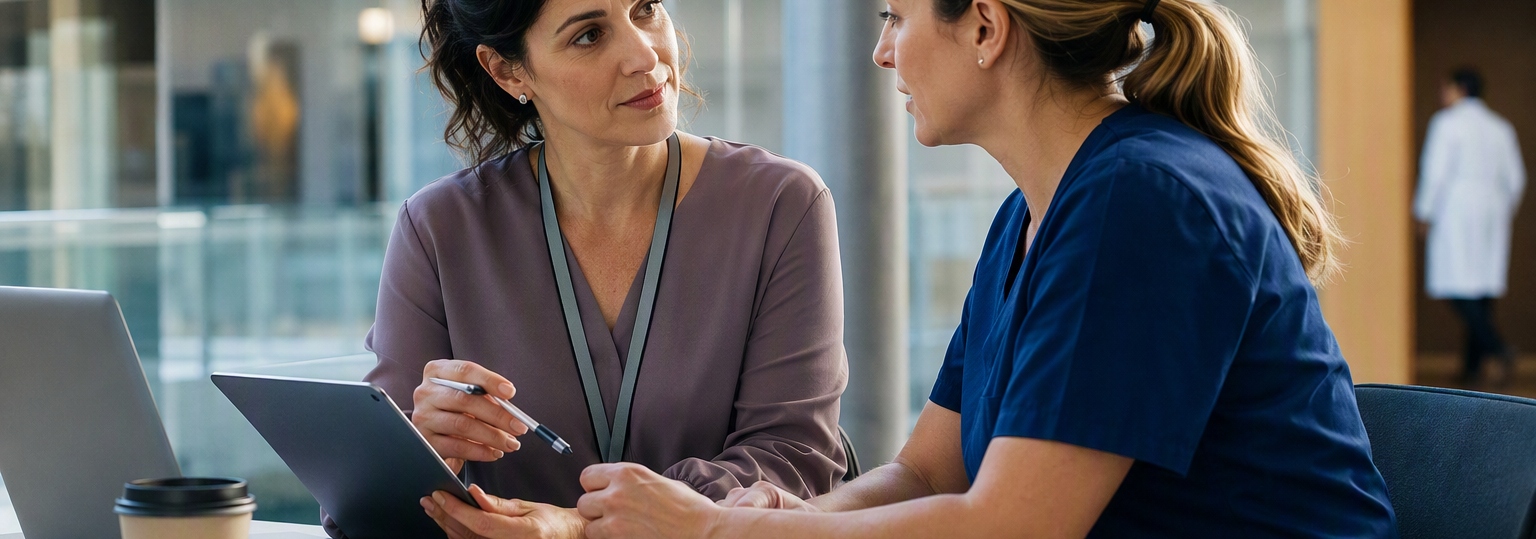 Two healthcare professionals discussing online education options in a workplace setting