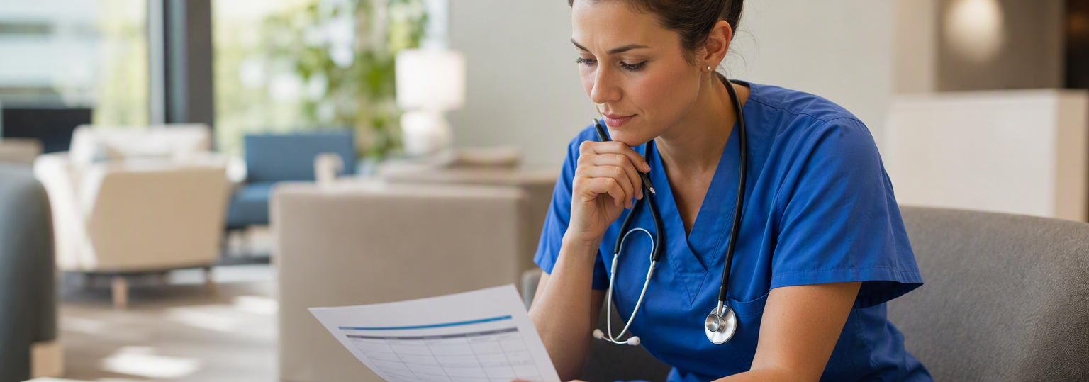 Candid adults in healthcare attire discussing transfer credits in a study setting