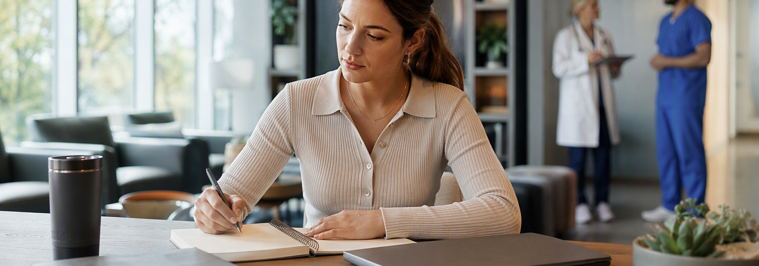 A professional adult discussing with a mentor in a healthcare administration office setting