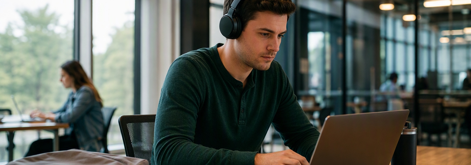 Adult learner in a cozy, modern study space reviewing online information technology bachelor's degree materials