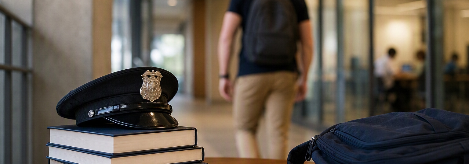 A focused adult studying in a quiet library, surrounded by law enforcement materials