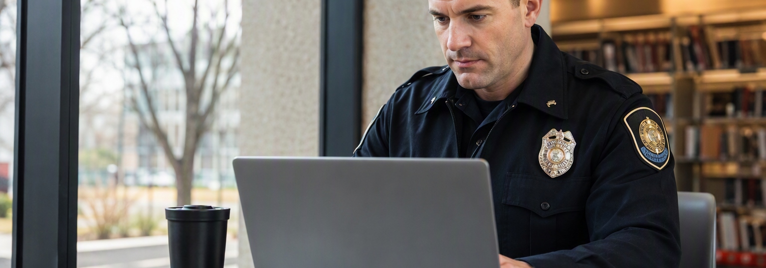 Police officers discussing career advancement options in a modern educational environment