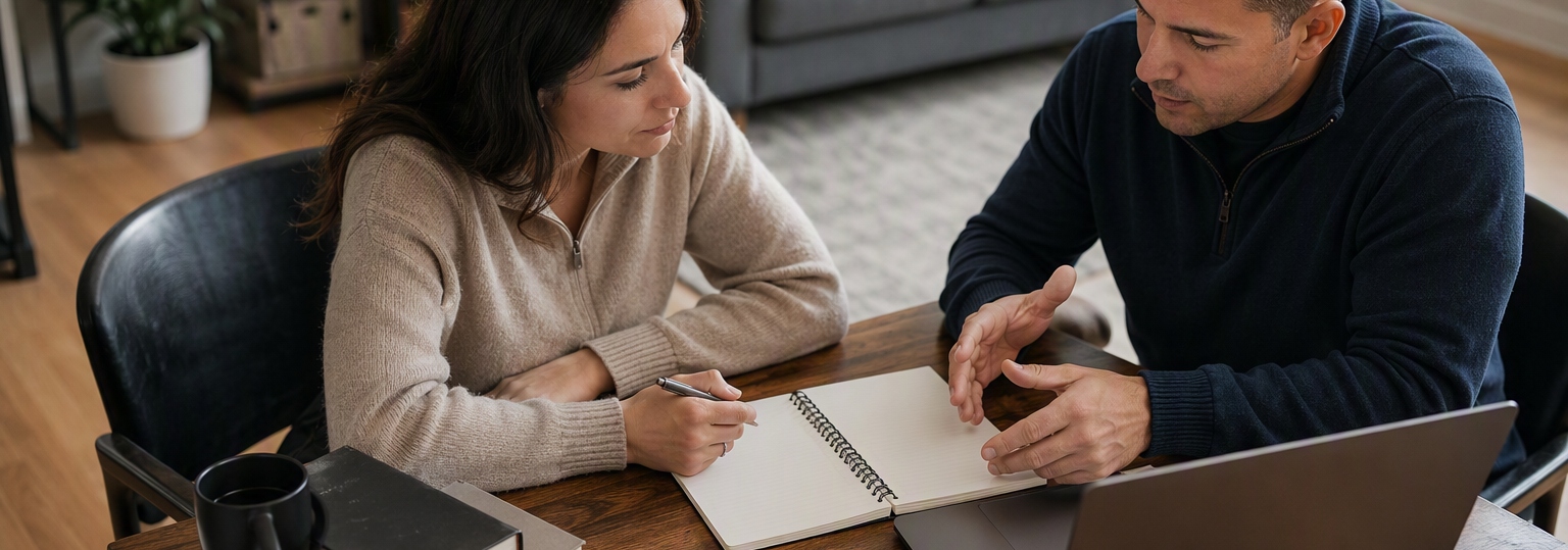 Two adults discussing career options in a modern workspace, focused on education paths