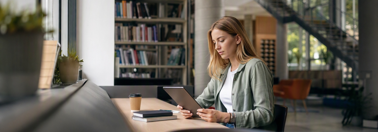 Mid-shot of an adult studying in a cozy, well-lit environment for an online liberal arts degree