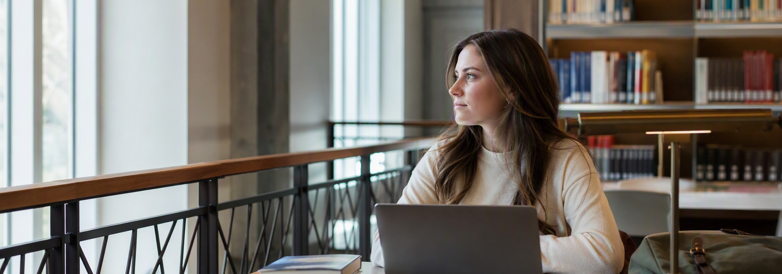 Adult learner studying in a cozy library with an online liberal arts degree focus