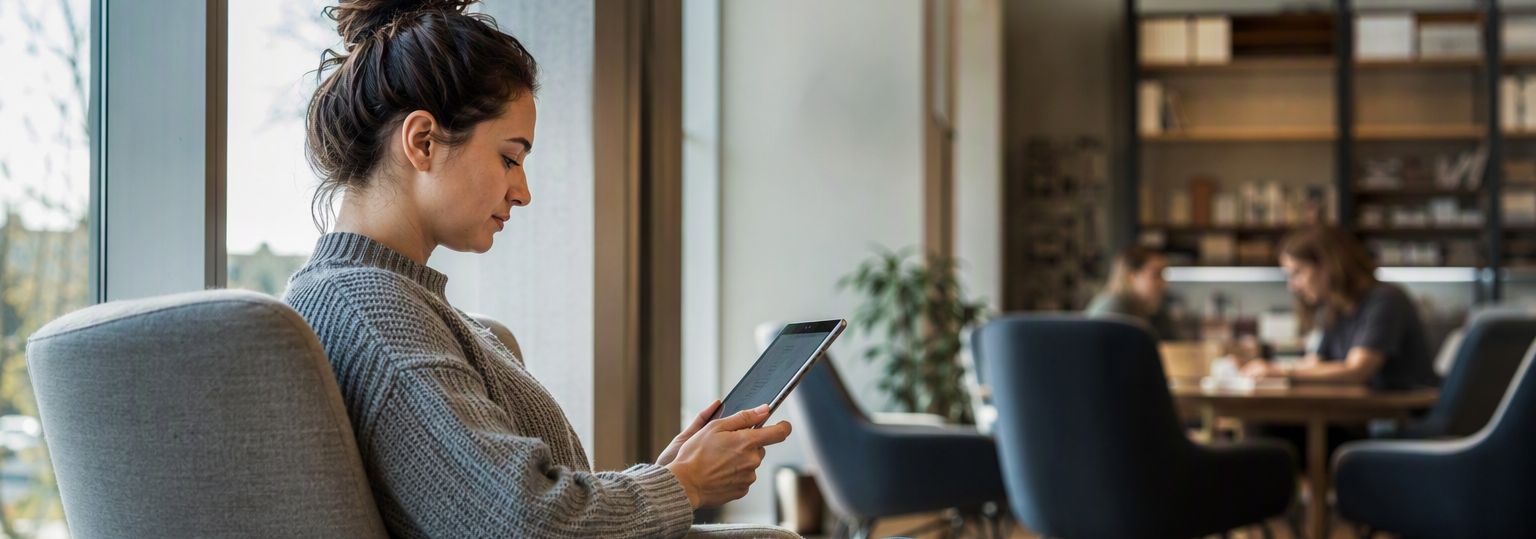 Adult student considering online health science concentrations in a professional study space