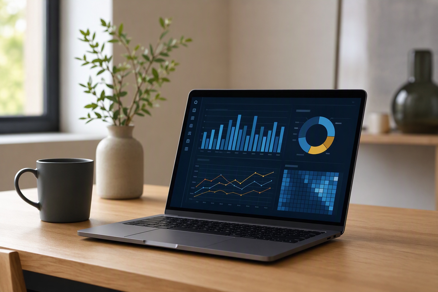 Laptop displaying a business analytics dashboard for online master’s program comparison