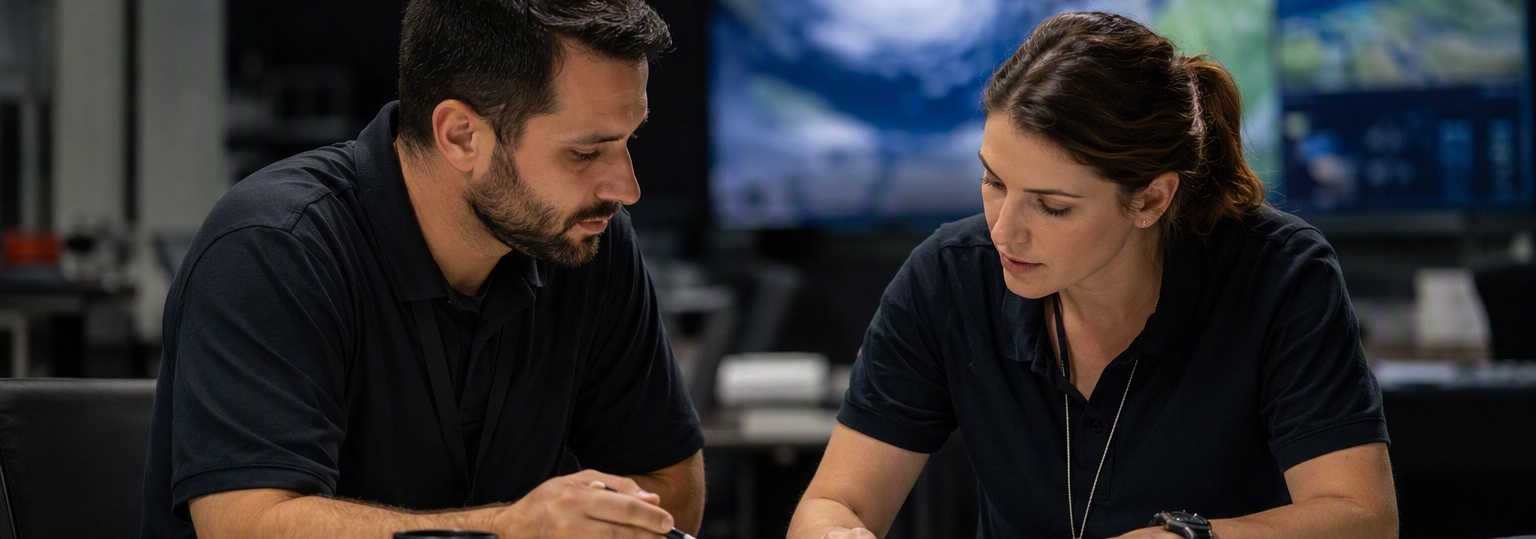 Two adults discussing emergency management program options in a modern office setting