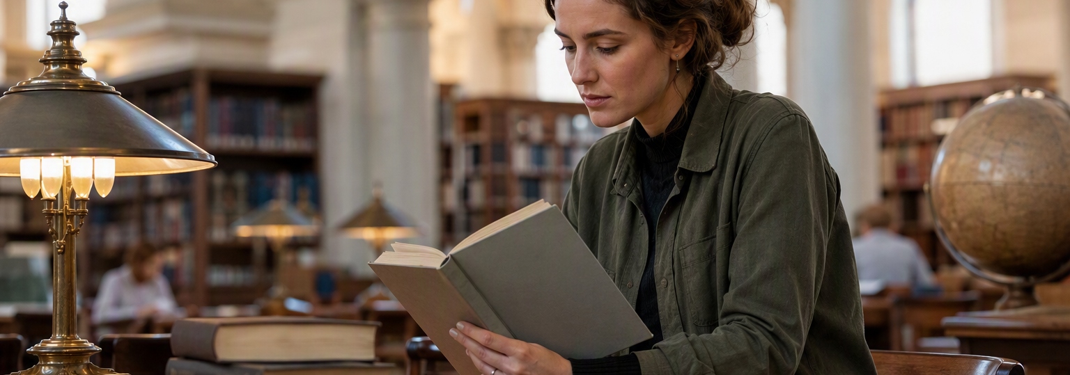 Adult student studying in a well-lit, modern interior, contemplating online Master's in History options
