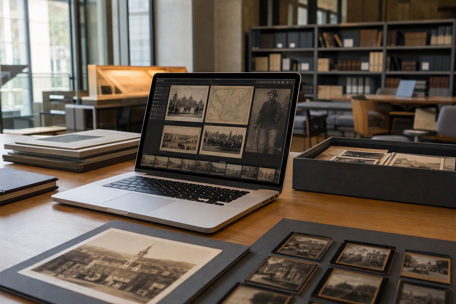 Digital workspace featuring tools for creating online exhibits in history education
