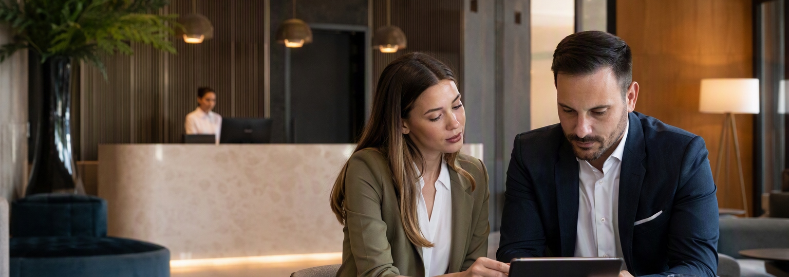 Two adults discussing education pathways in a bright, professional office setting