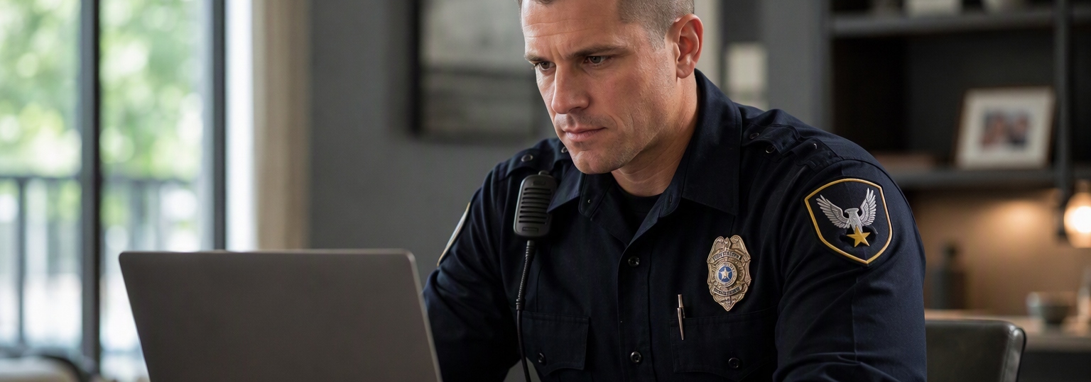 Police officer discussing online master's program in law enforcement with colleagues in professional setting
