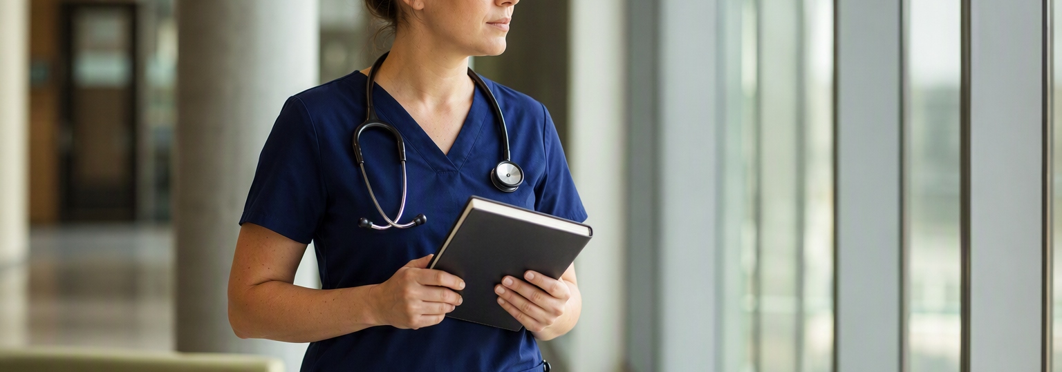 Nurse in scrubs studying materials for an online master's in nursing administration program