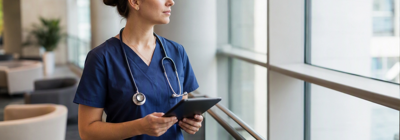 A healthcare professional reviewing administrative materials in a clinical training setting