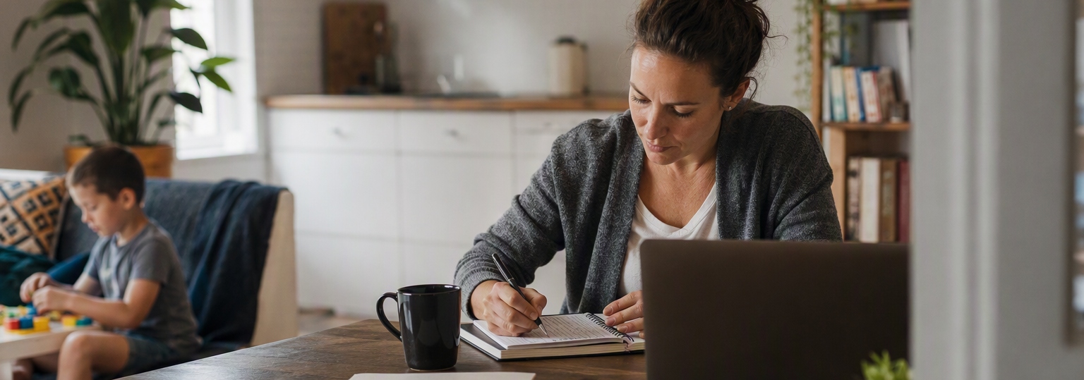 Student reviewing online MSW options in a cozy home study environment with natural lighting