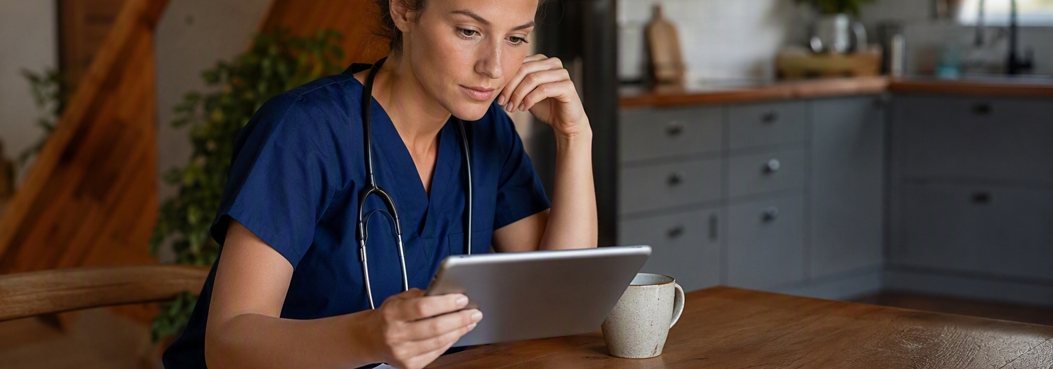 Two adults reviewing online nurse practitioner program materials in a professional setting