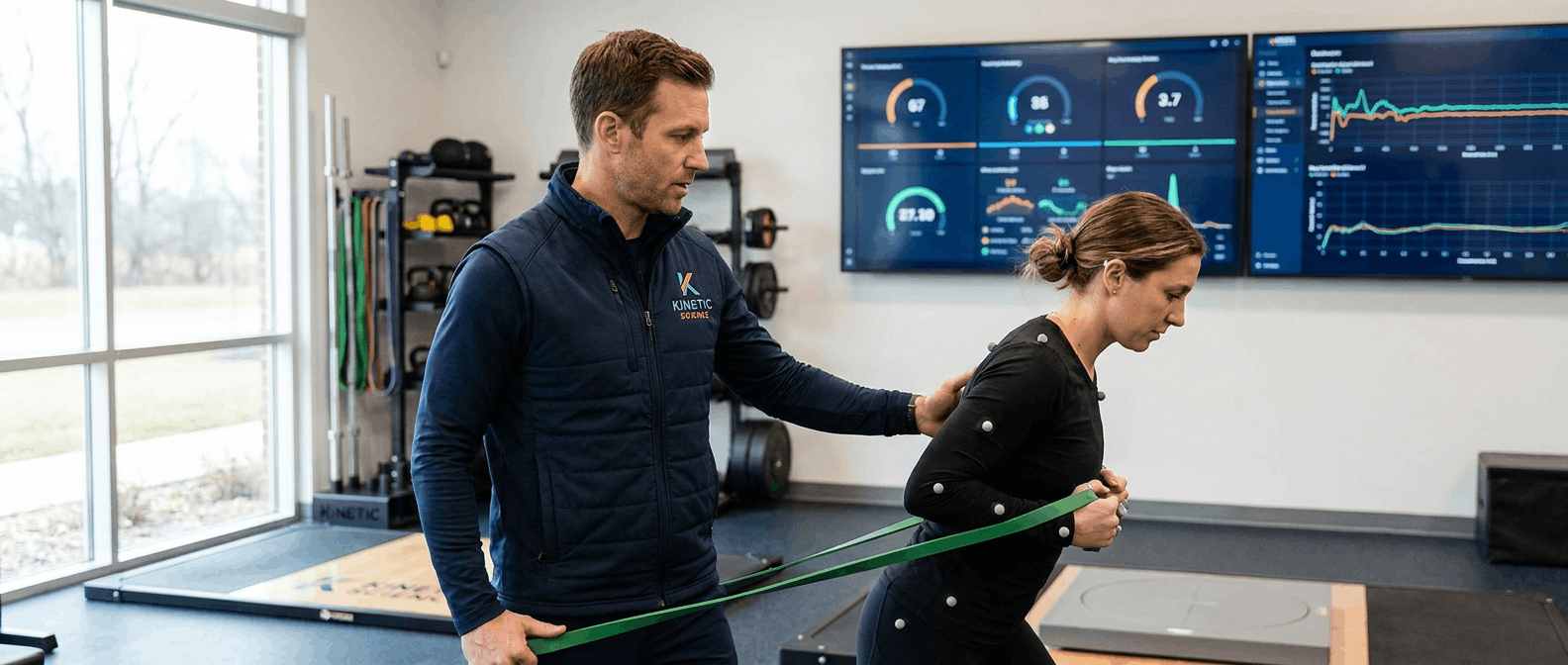 Exercise scientist coaching an adult athlete in a kinesiology lab during a movement assessment.