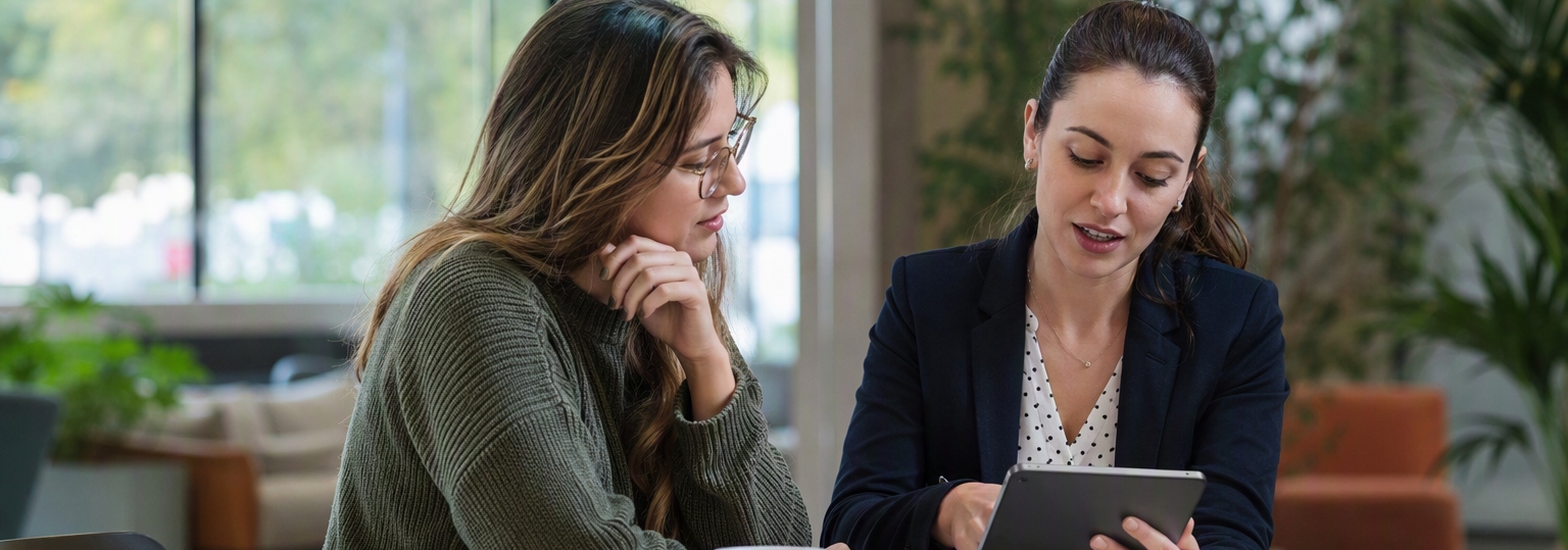 Two students in a discussion about public health programs in a modern study space