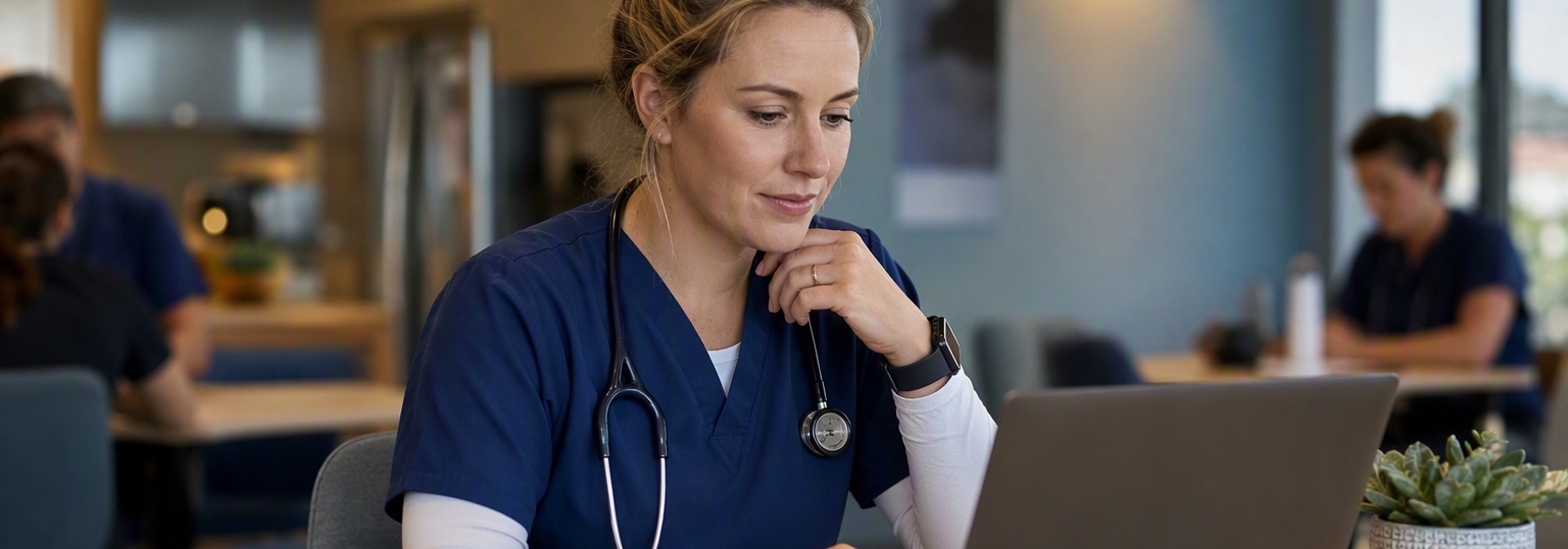 Nurse reviewing application documents in a bright, inviting workspace for BSN program