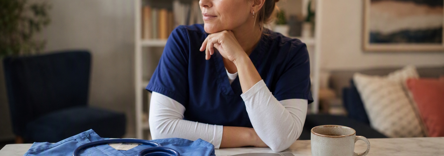 Nurse in scrubs reviewing materials for online RN to BSN career advancement
