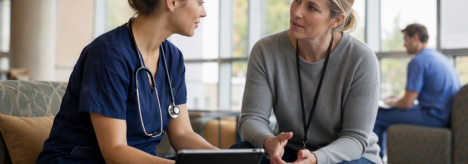 Two nurses discussing their education paths in a cozy advising space