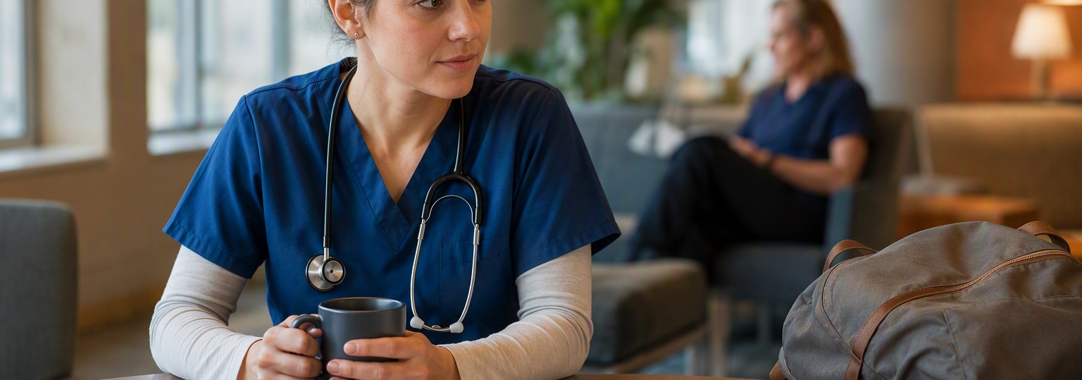 Nurse scrubs and closed notebook beside coffee, symbolizing online RN to BSN education choices