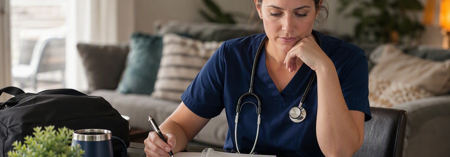 Nurse in scrubs considering multiple online RN to BSN program options at a desk